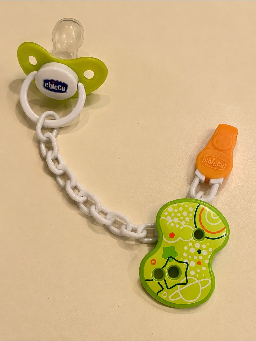 Chicco Baby Pacifier Clip Chain Green Orange Soother Holder